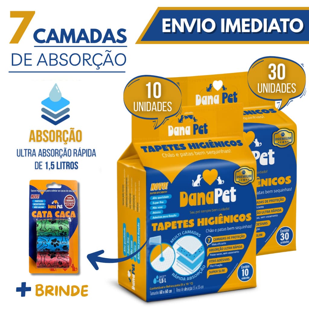 Tapete Higiênico 60x60 1,5L Absorção Rápida + Brinde 60 Saquinhos Higiênico Cata Caca Biodegradável