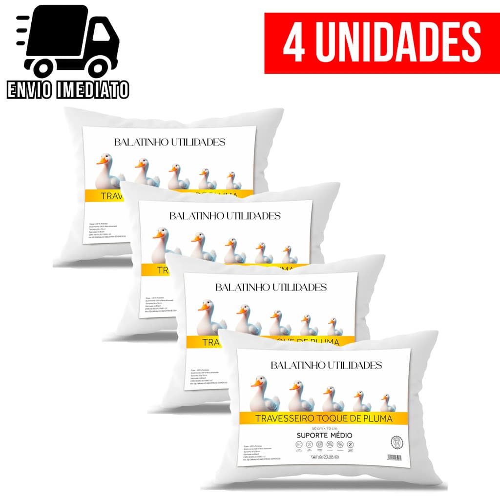 Kit 4 Travesseiro Pluma de Ganso Premium Macio Conforto Hotel Luxo Antialérgico Antiácaro