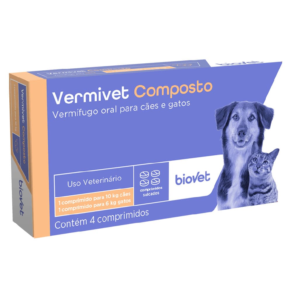 Vermífugo para Cães e Gatos Vermivet – Biovet – 4 Comprimidos de 600mg – Remédio contra Vermes