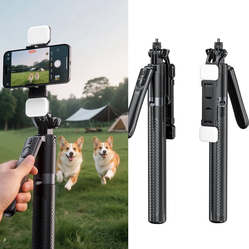 1.88M Selfie Stick Tripé com três pernas para celular, câmera, 4 Eixos 360° Rotação + Anti-tremor Superestável