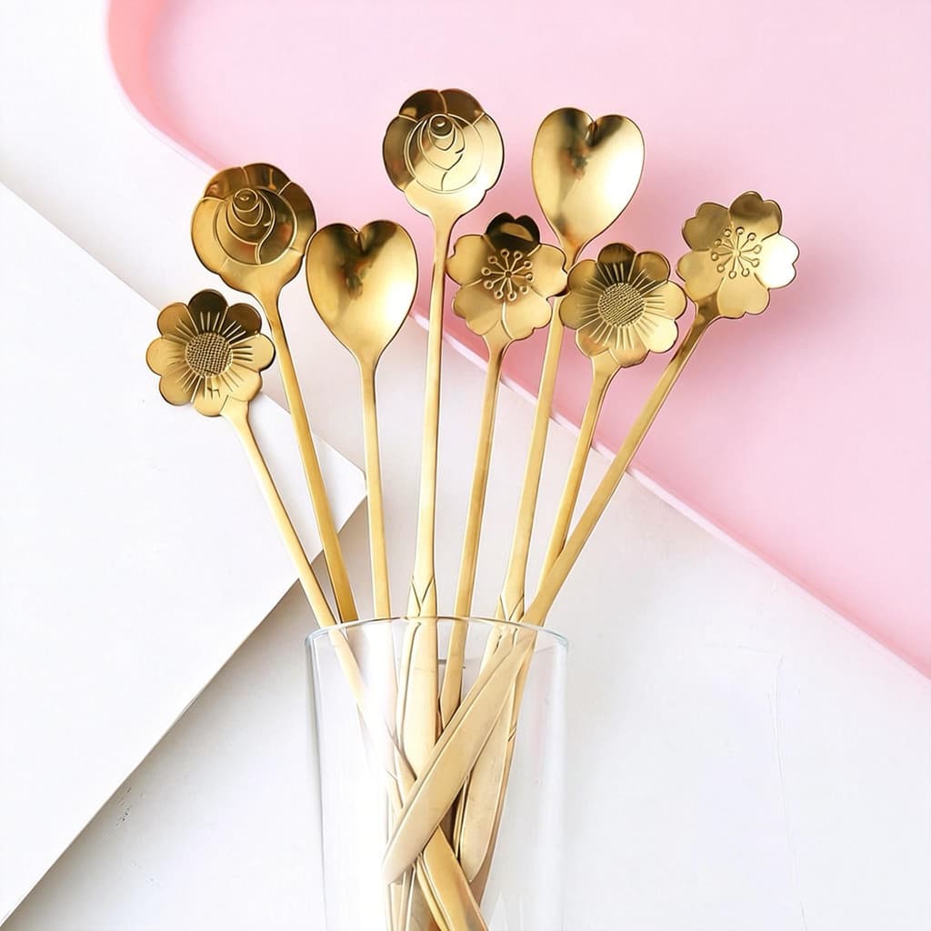 Colheres de Café e Sobremesa Douradas Premium:Estilo para Sua Mesa Rosas Coração e Flor de Cerejeira