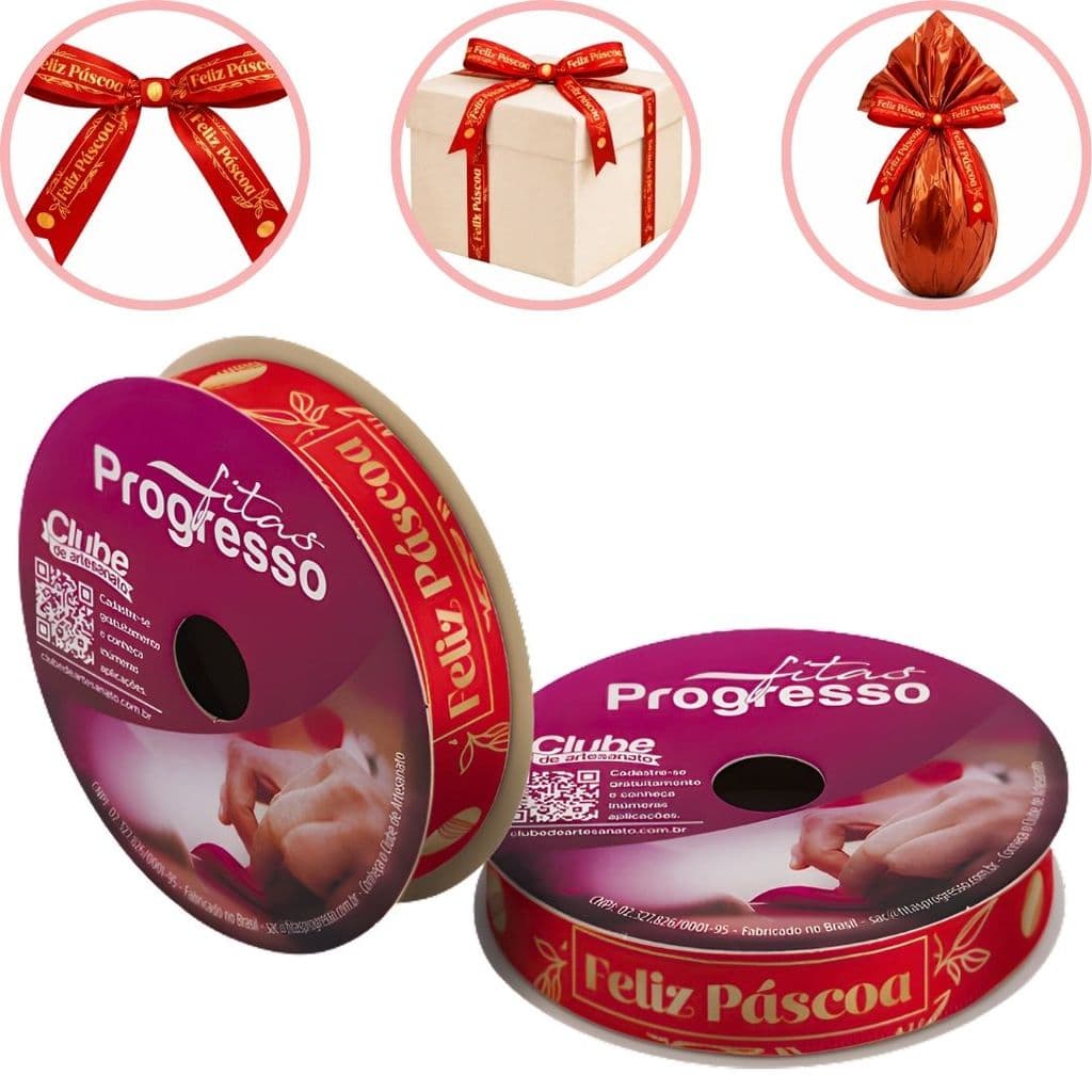 ROLO DE 10 METROS DE FITA CETIM 15 MM PÁSCOA VERMELHO 522 FITAS PROGRESSO