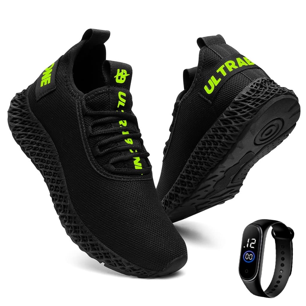 Tenis Masculino Ultrabone Black Caminhada Leve Academia Esporte + Relógio