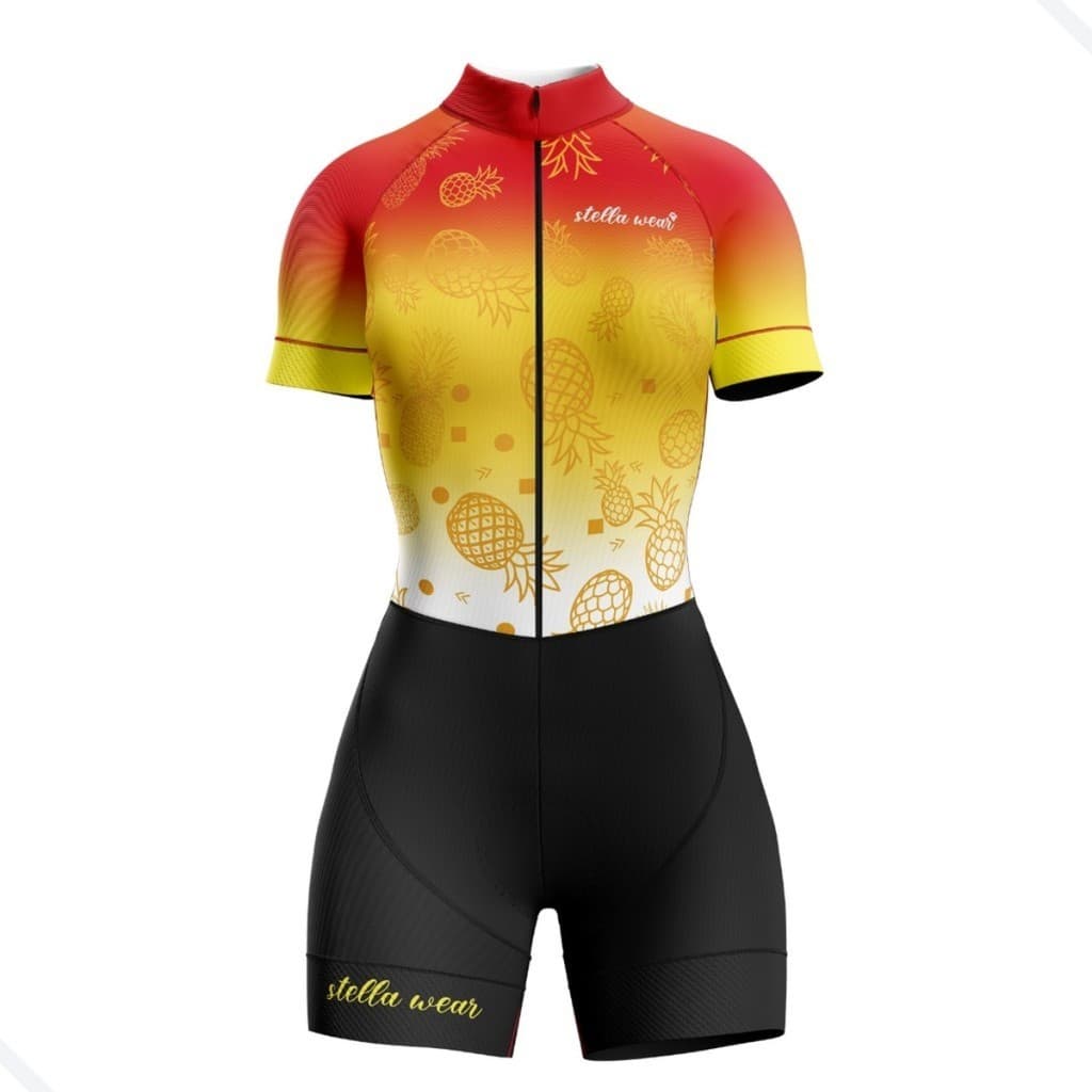 Macaquinho Ciclismo Feminino com Gel Acolchoado Bike MTB Speed Confortável Dry Fit Stella Abacaxi Laranja