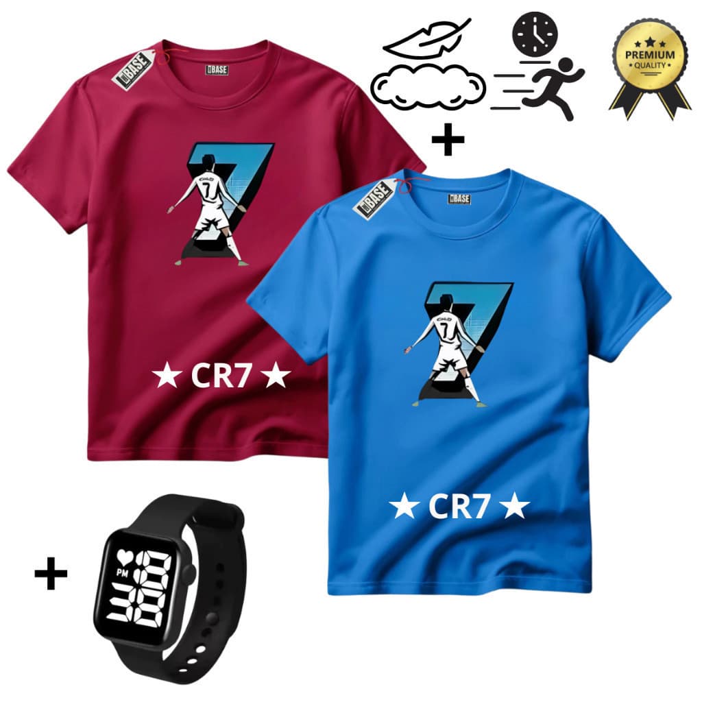 kit 2 Camiseta Infantil CR7 Cristiano Ronaldo + Relogio Smartwatch Infantil 100% Algodão Camisa Robozão Blusa Camisetas