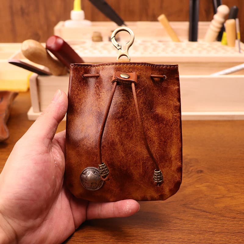 Bolsa De Moedas Artesanal De Couro Com Cordão | Mudança Vintageorganizador Porta-Portáteis Para Chaves