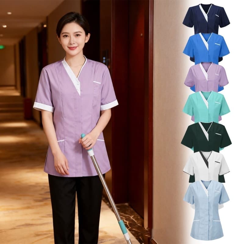 Estone Blusa Feminina Decote V Curta Trabalho Uniformes Limpeza Uniforme