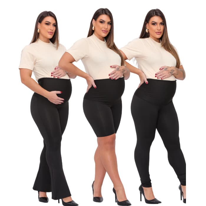 Kit Maternidade 3 peças Gestante Bermuda Flare Legging Super Suplex