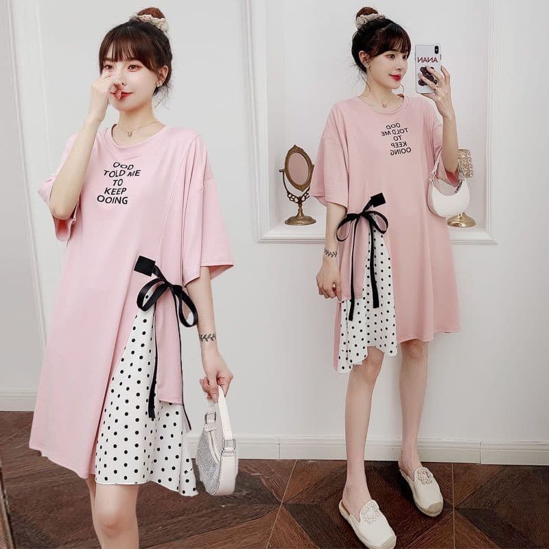 Saia de maternidade saia de manga curta Plus Size feminino verão solto costura bolinhas mais magro olhar moda capa barri