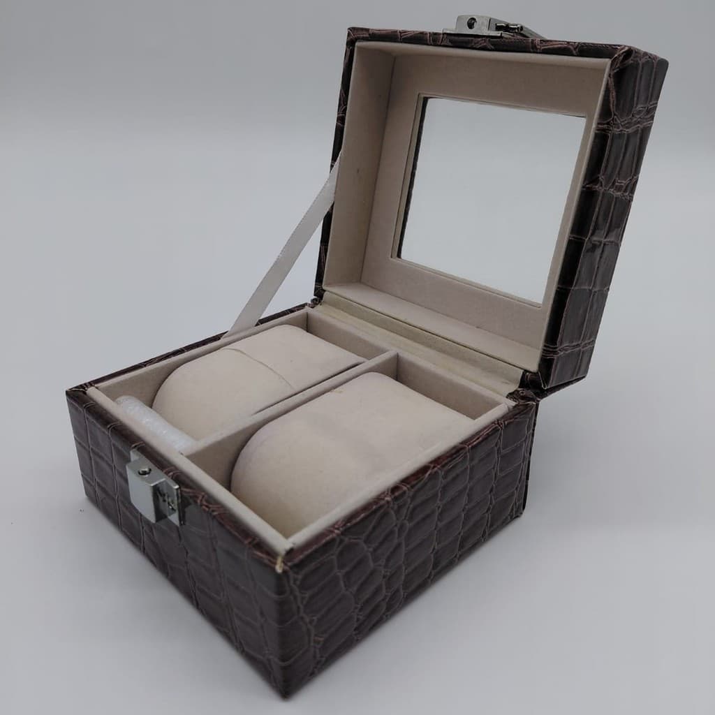 Caixa Porta Relógio Couro Sintético 2 Nichos com Vidro Na Tampa Estojo Organizador Compacto Luxo