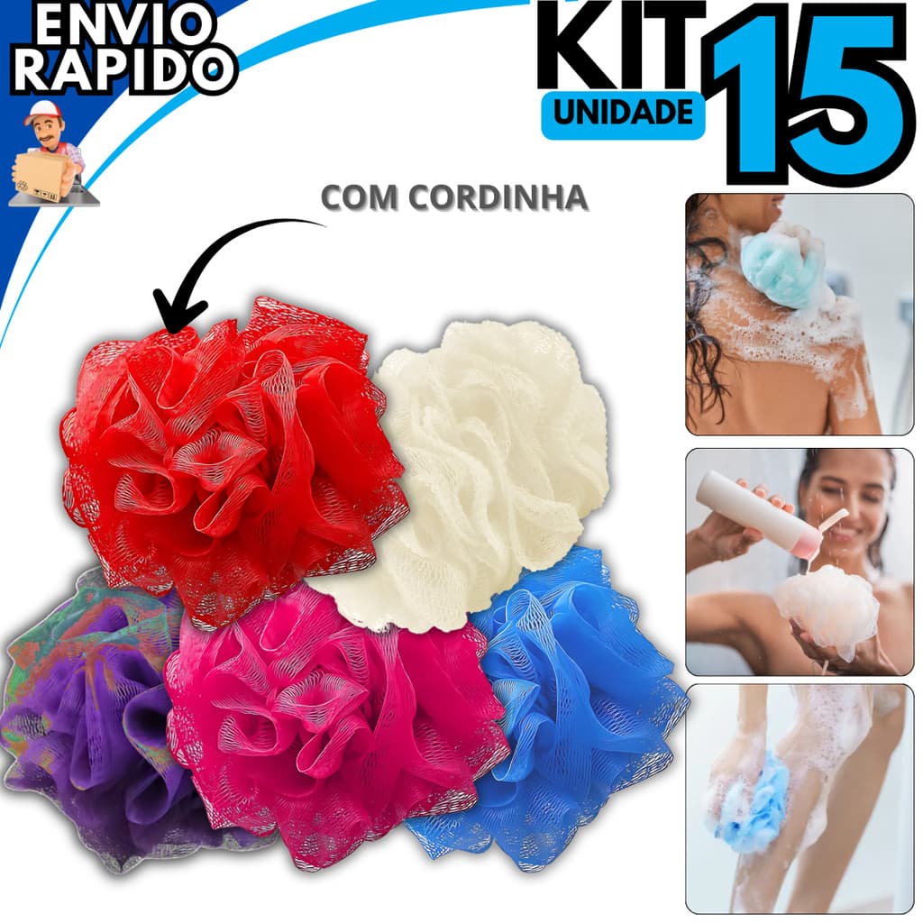 Kit 15 Bucha Esponja Nylon Para Banho Macia Esfoliante Espumanete Com Cordinha