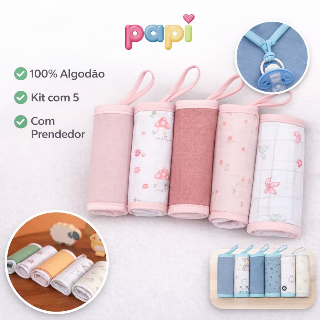 Kit 5 Paninhos de Boca Papi Soft com Prendedor de Chupeta 100% Algodão Macio Bebê