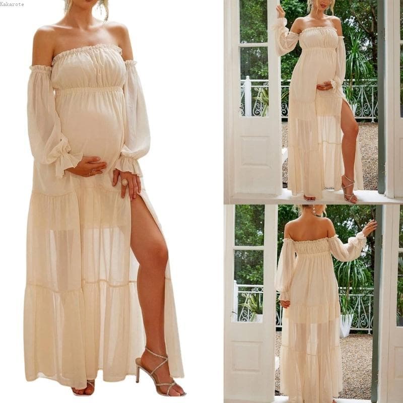 Elegante Vestido Sessão Fotos Maxi Ombro Para Espera