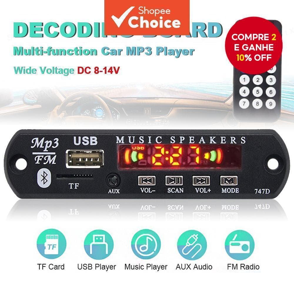 Módulo De Placa MP3 Bluetooth 5.0-Reprodutor De Áudio USB/TF De 12V Com FM , Controle Remoto E Tela Colorida Para Carro
