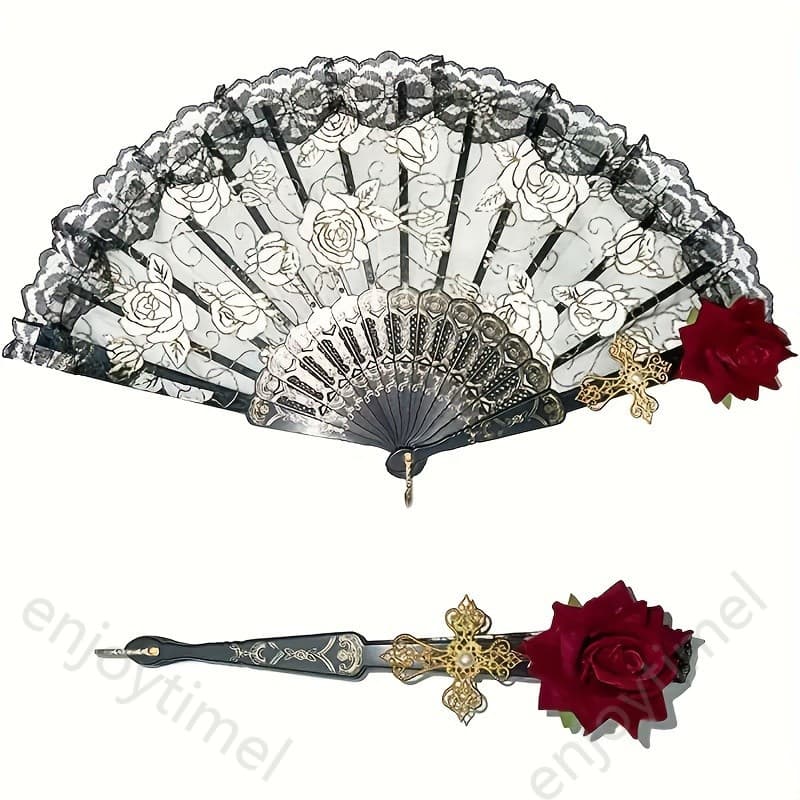 1pc Ventilador Dobrável Vintage Flamenco Flor Rosa Renda Dançante Espanha Ventilador de Mão para Mulheres Presente de