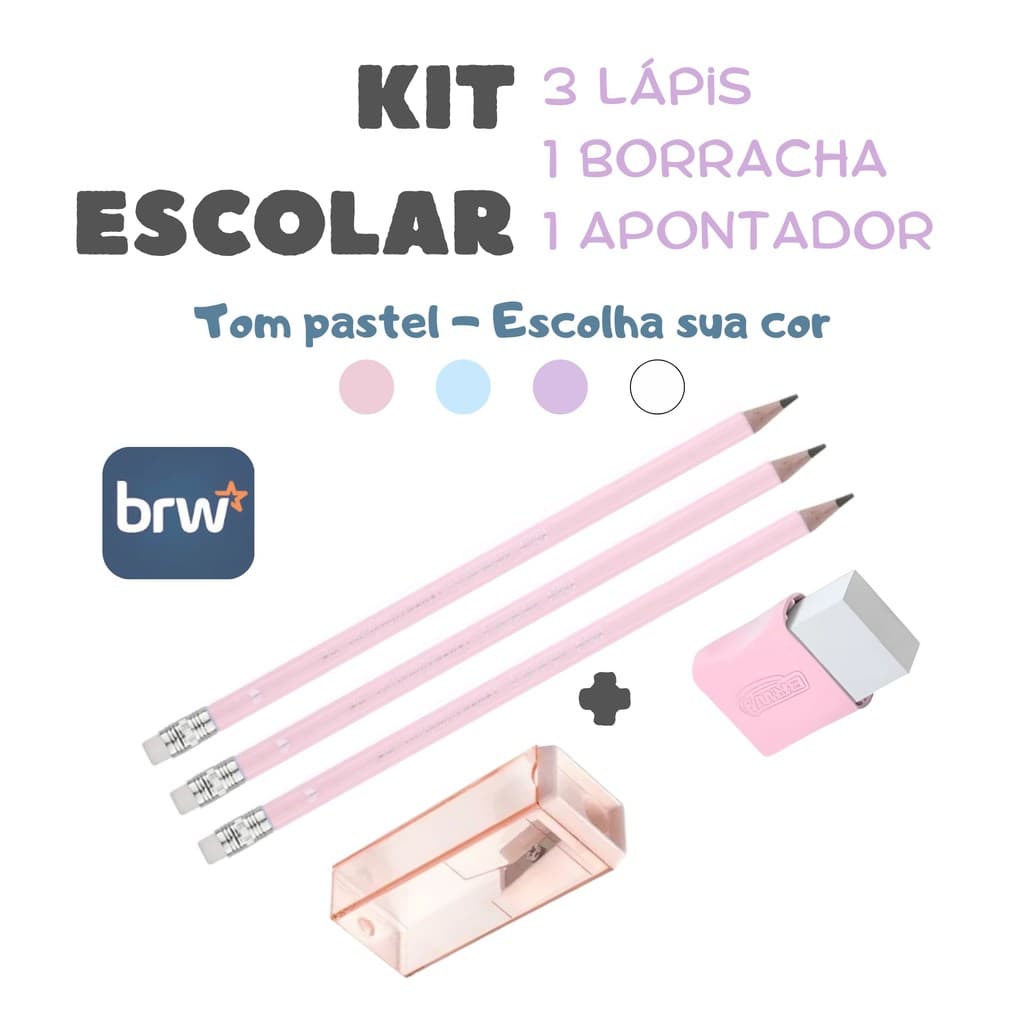Kit Fofo Papelaria Fofa Com 3 Lápis + Borracha + Apontador Tom Pastel BRW - Kit Escolar