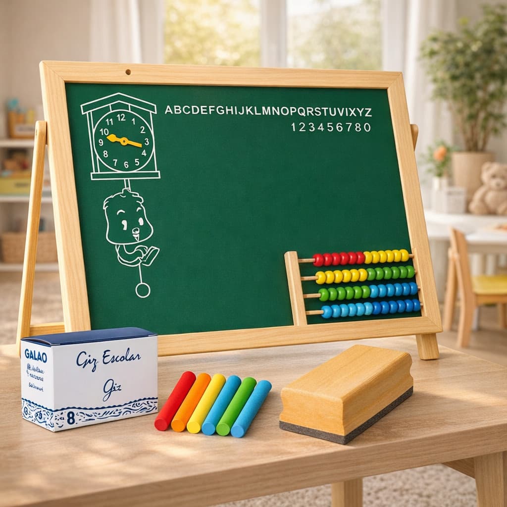 🖍️📚 Lousa Quadro Verde Infantil 70x50cm com Cavalete ➕ Alfabeto Numerais e Relógio + 5 Gizes