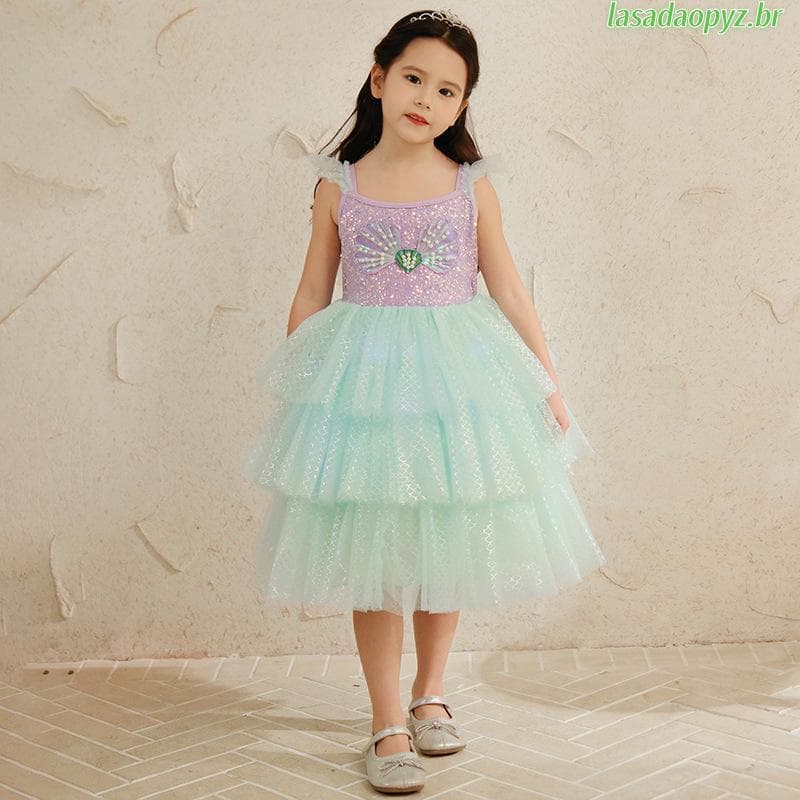 Vestido de menina sereia vestido de princesa vestido de bolo sereia (100-140cm)