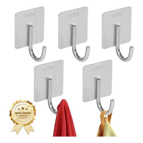 Ganchos Adesivos Inox 304 Escovado Kit 5 Unidades Quadrado