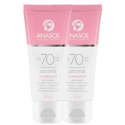 Kit Anasol Protetor Facial Fps 70 Clareador  60 gr Toque Seco com 2 unidades Vegano