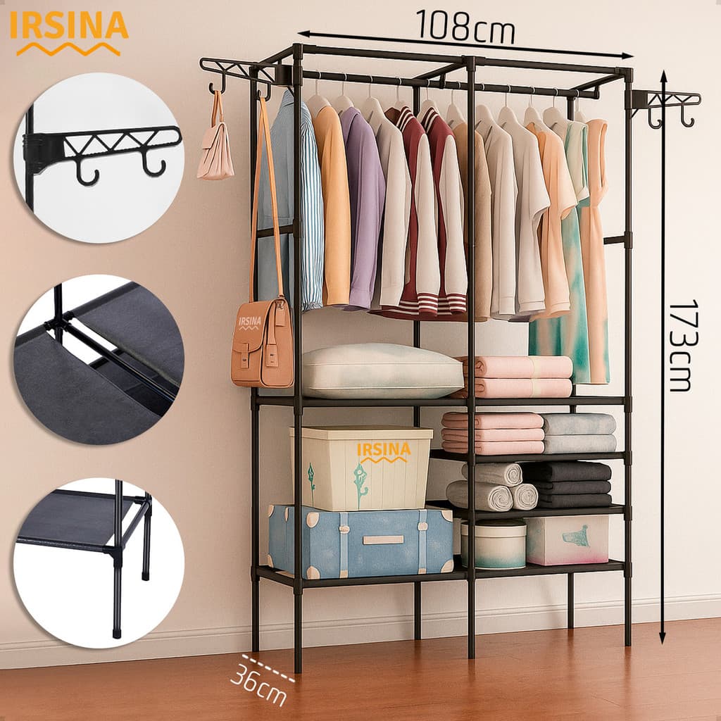 Closet Aberto Guarda Roupa Portatil 2 Divisórias Preto com 6 Prateleiras