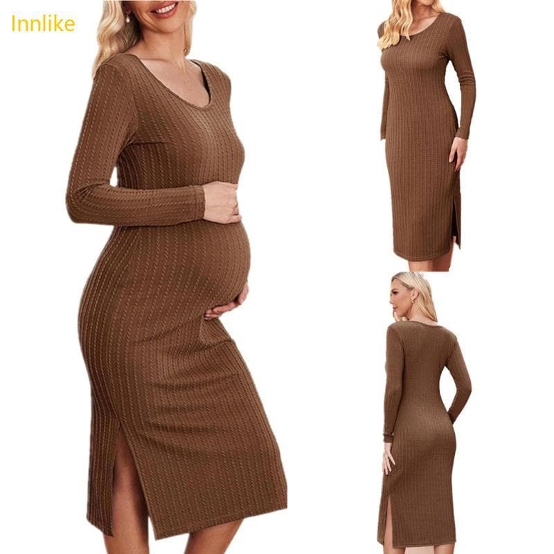 Innlike Frente Nervuras Maternidade Bodycon Vestido Roupas Rua