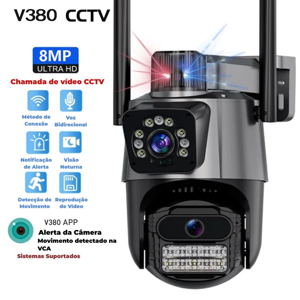 JL PROTEC 4K 8MP Câmera de Segurança 2 Lentes Com Audio e Microfone Câmera 360 Graus Wifi