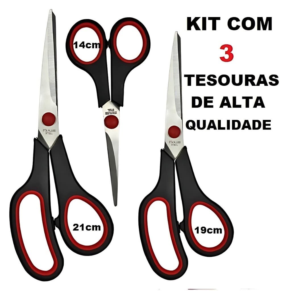 Kit 3 Tesouras Profissionais Multiuso Costura Artesanato Domestico