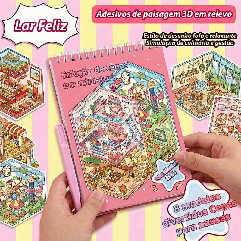 Caderno Adesivos 3d 8 Cenários para montagem + Pinça - livro interativo para Montar e Decorar
