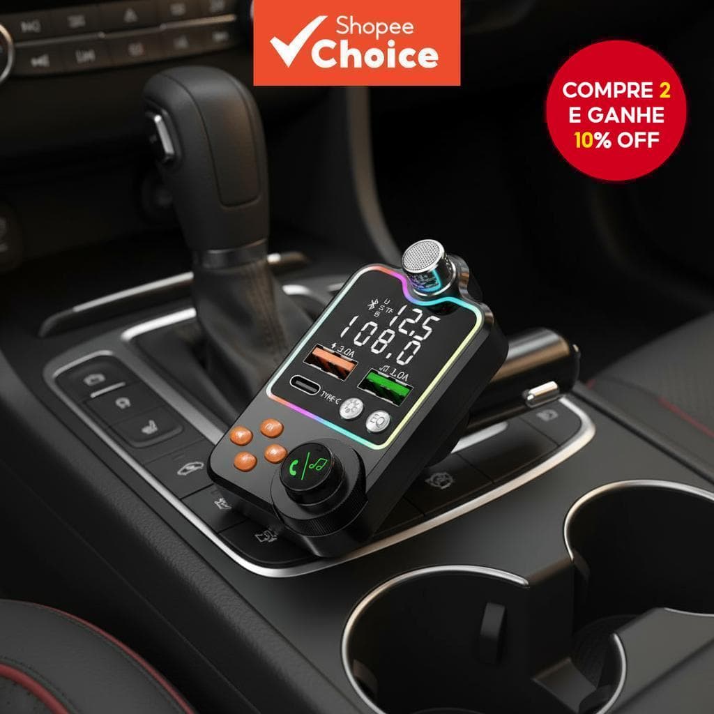  Bluetooth 5.0 Transmissor FM para Carro, Portas Duplas USB 3.1A + Tipo-C, Reprodutor MP3 Handsfree com Cartão TF