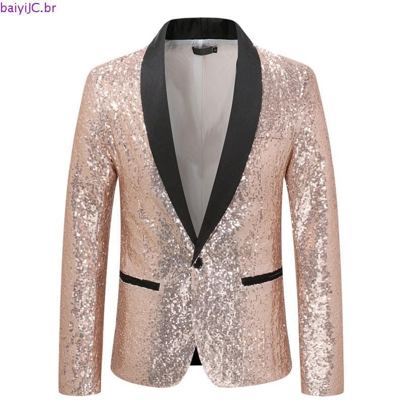 Blazer Social Masculino Paetê Lantejoulas Brilhantes Manga Longa Ajuste Slim Jaqueta de Luxo Casamento Banquete Dança GL