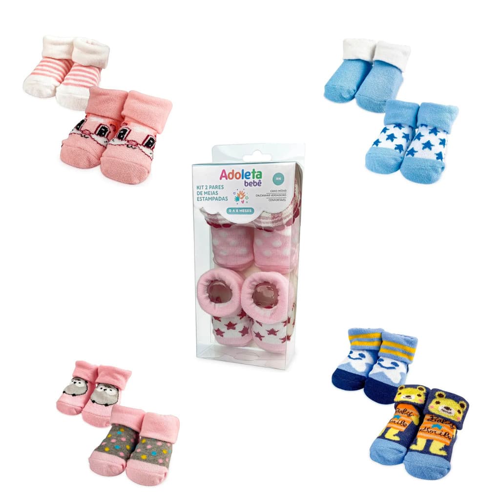 Kit de Meias para Bebê Adoleta – 2 Pares Azul ou Rosa , 0 a 6 Meses!