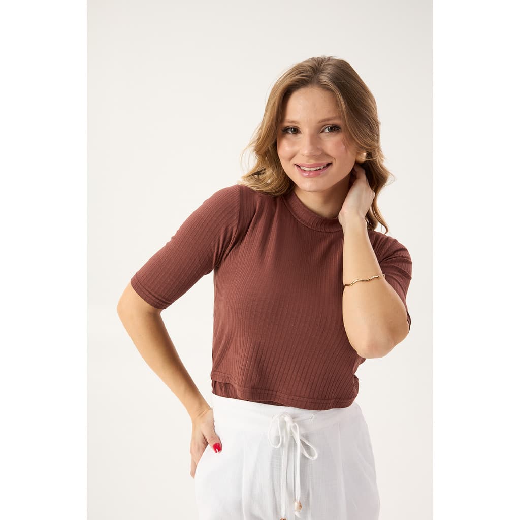 BLUSA DE AMAMENTAÇÃO CANELADA MANGA CURTA MARROM