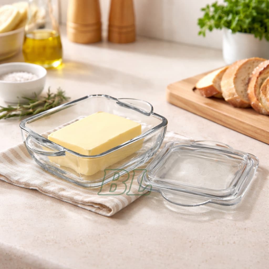 Manteigueira Quadrada ou Retangular Com Tampa de Vidro Transparente