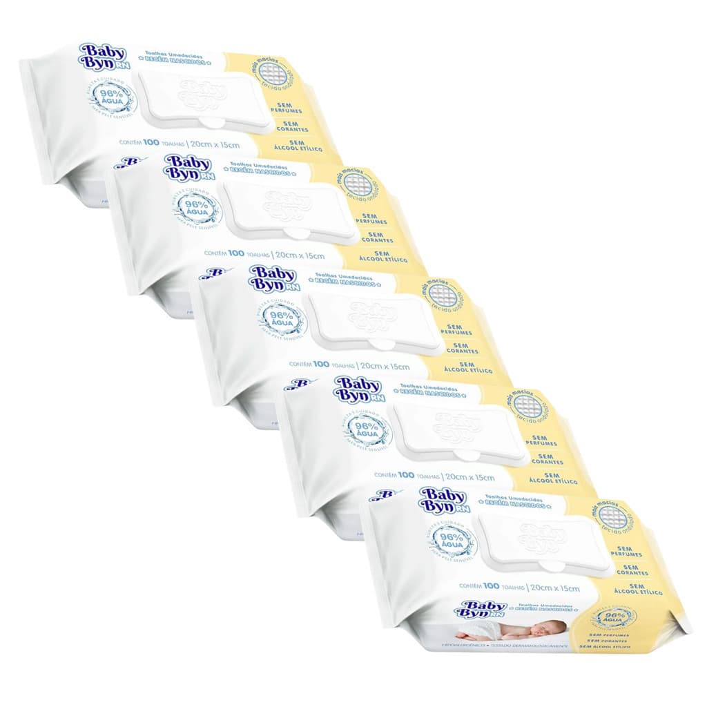 Kit Lenço Umedecido Baby Byn Recém-Nascido - 500 Unidades (5x100) | Sem Álcool | Hipoalergênico e Suave
