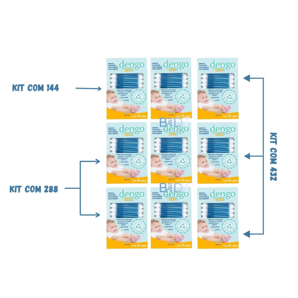 KIT C/ ATÉ 432 HASTES COTONETE FLEXÍVEIS PARA BEBÊ - DENGO