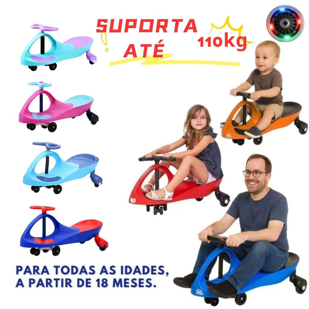 Carrinho de rolimã com Volante Giratório 360° - Rodas Silenciosas com LED - Segura, Anti-Volta