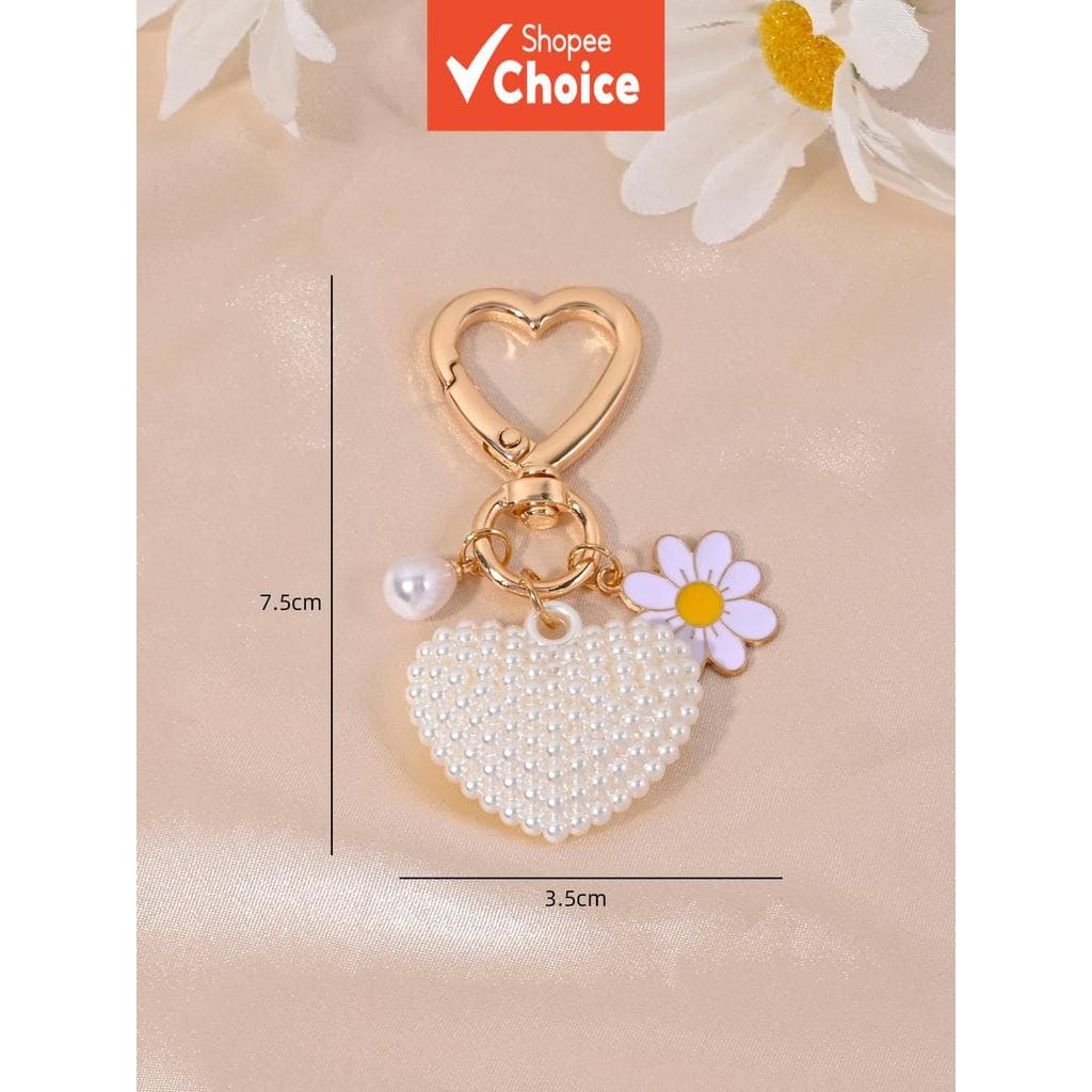  Chaveiro de coração minimalista e elegante com flores de pérolas artificiais, acessórios para bolsas, decoração de capa