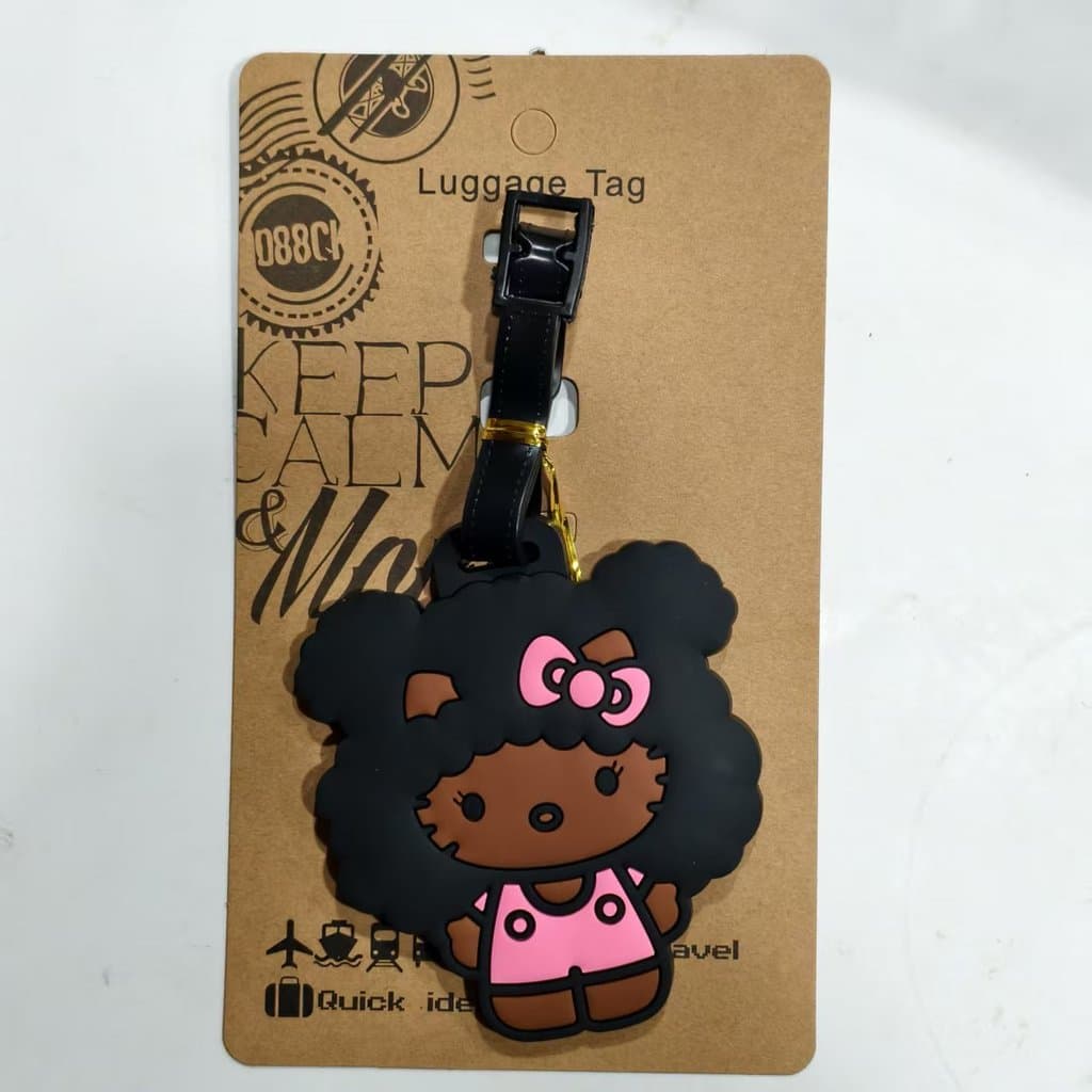 Etiqueta de bagagem fofa indispensável para viagem Novo estilo de couro preto KT Cat Hello Kitty Etiqueta de bagagem OMK