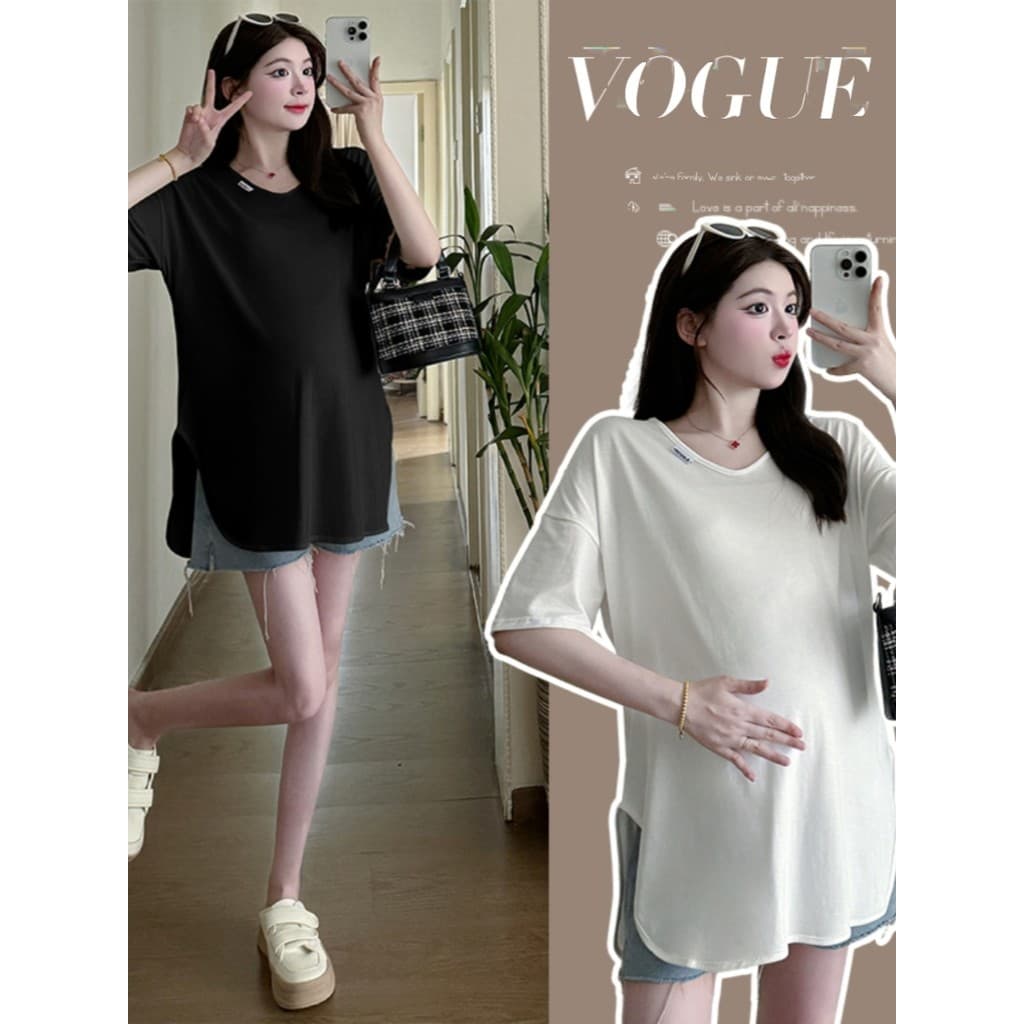 Roupa de maternidade verão estilo fino cor sólida com decote em V manga curta camiseta verão mãe grávida topo de comprim