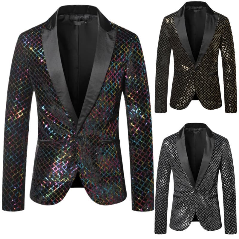 Homens Estilo Rua Moda Terno Jaqueta Lantejoulas Brilhantes Xadrez blazer Anfitrião Palco Desempenho Roupas