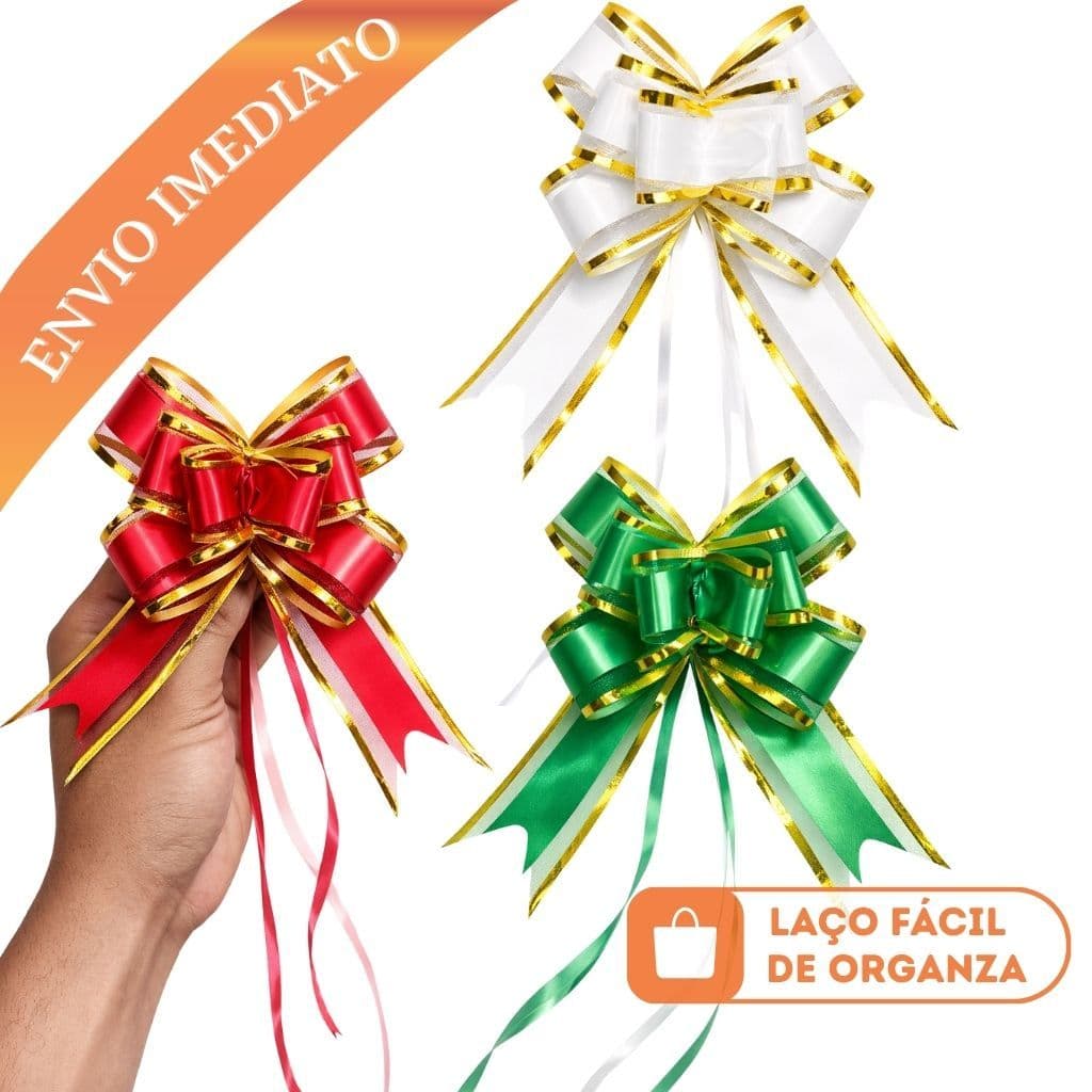 Kit 50 Laço Fácil Organza com Poliéster 30mm x 47cm Para Presente Com Filete Dourado Extra Luxo