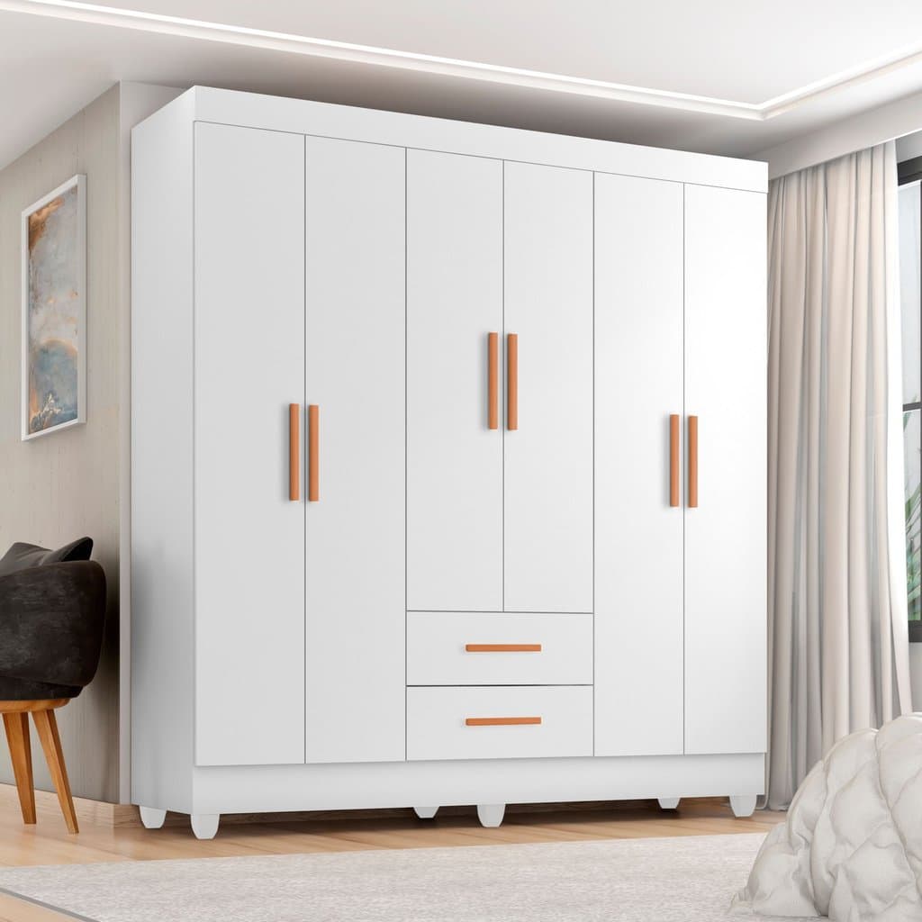 Guarda Roupa Casal 6 Portas 2 Gavetas com Pés Lite Branco Brilho