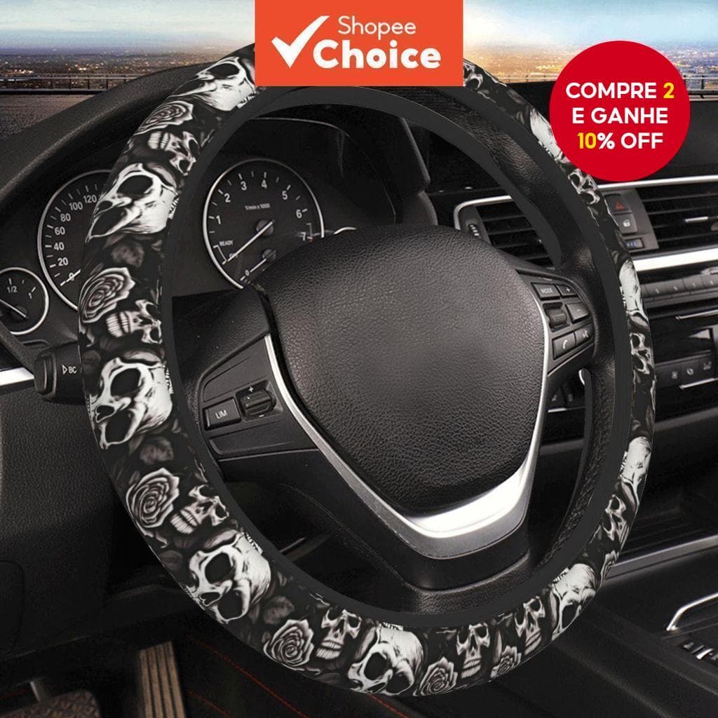  Capa protetora para volante com estampa de caveira preta, respirável, antiderrapante, sem aro interno, elástica,