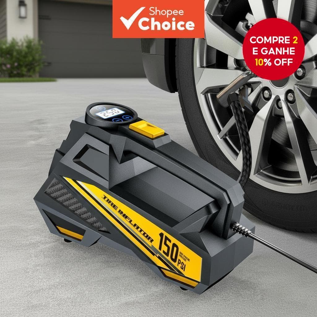  Equipado com luz LED, inflador digital de pneus, compressor de ar 12V para veículos.