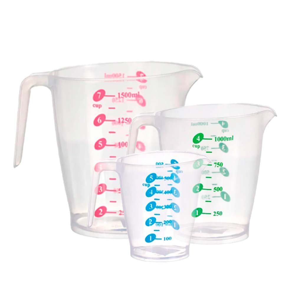 Kit 3 Jarra Medidora  500ml 1000ml 1500ml Dosadora Transparente Plástico Receita Cozinha Medida Bico