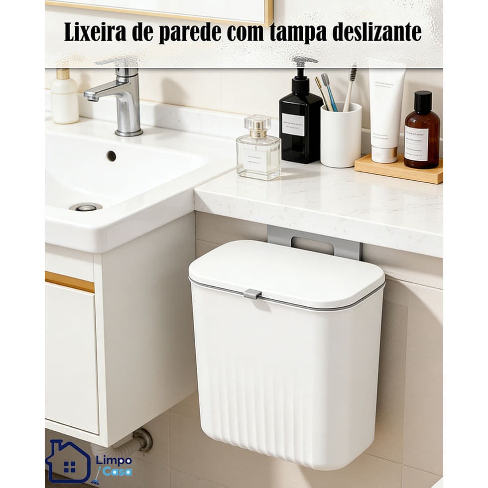 Lixeira de parede com tampa; ideal para cozinhas e banheiros para evitar odores.