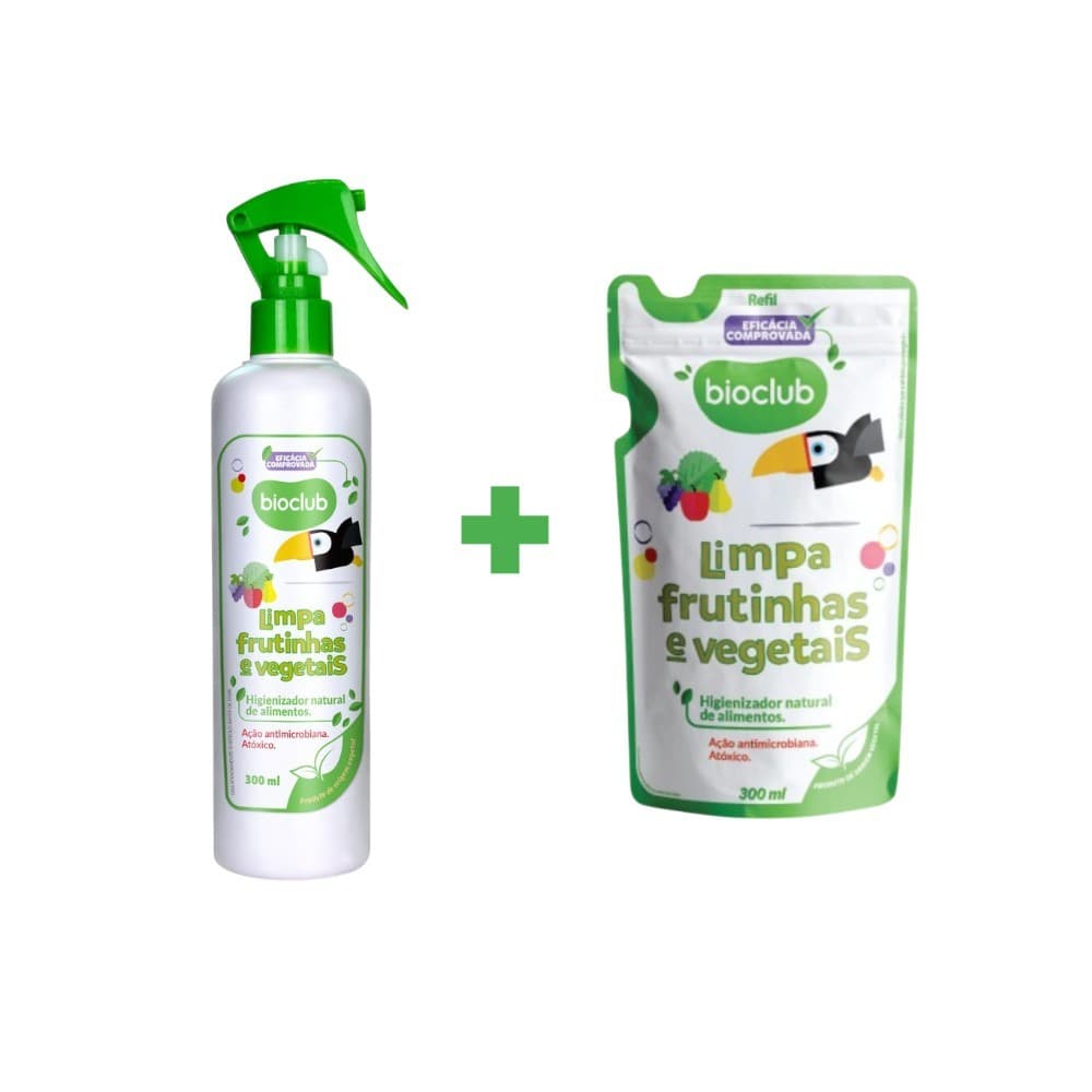 Kit Higienizador De Frutas e Vegetais Orgânico + Refil 300ml Limpa Frutinhas e Vegetais Bioclub
