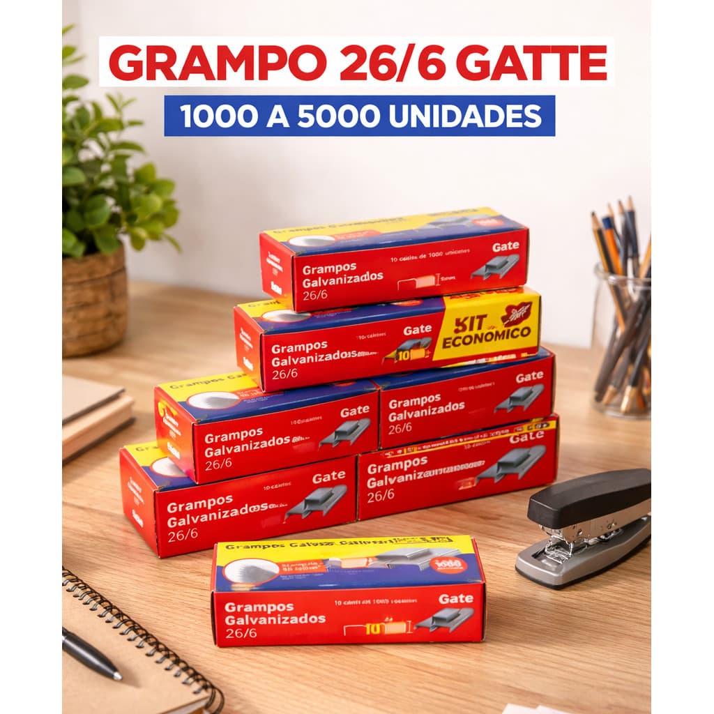 Grampo 26/6 Gatte Galvanizado Alta resistencia Caixa 1000 Unidades grampeador escola escritorio