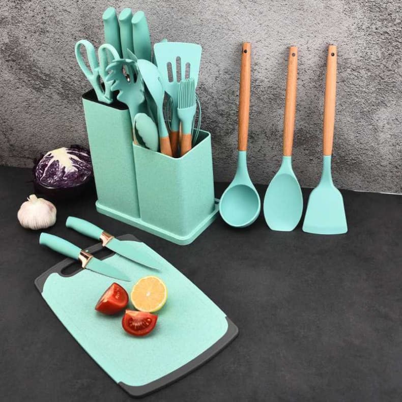 Kit 19 Peças Jogo de Utensílios Para Cozinha em Silicone Com Cabo de Madeira Completo Antiaderente